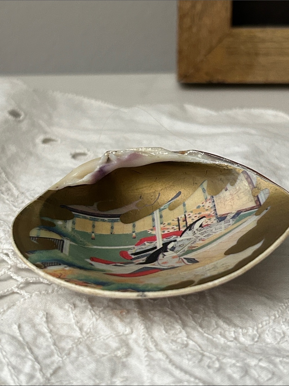 Antique Gold and Multicolor Painted Shell Dish